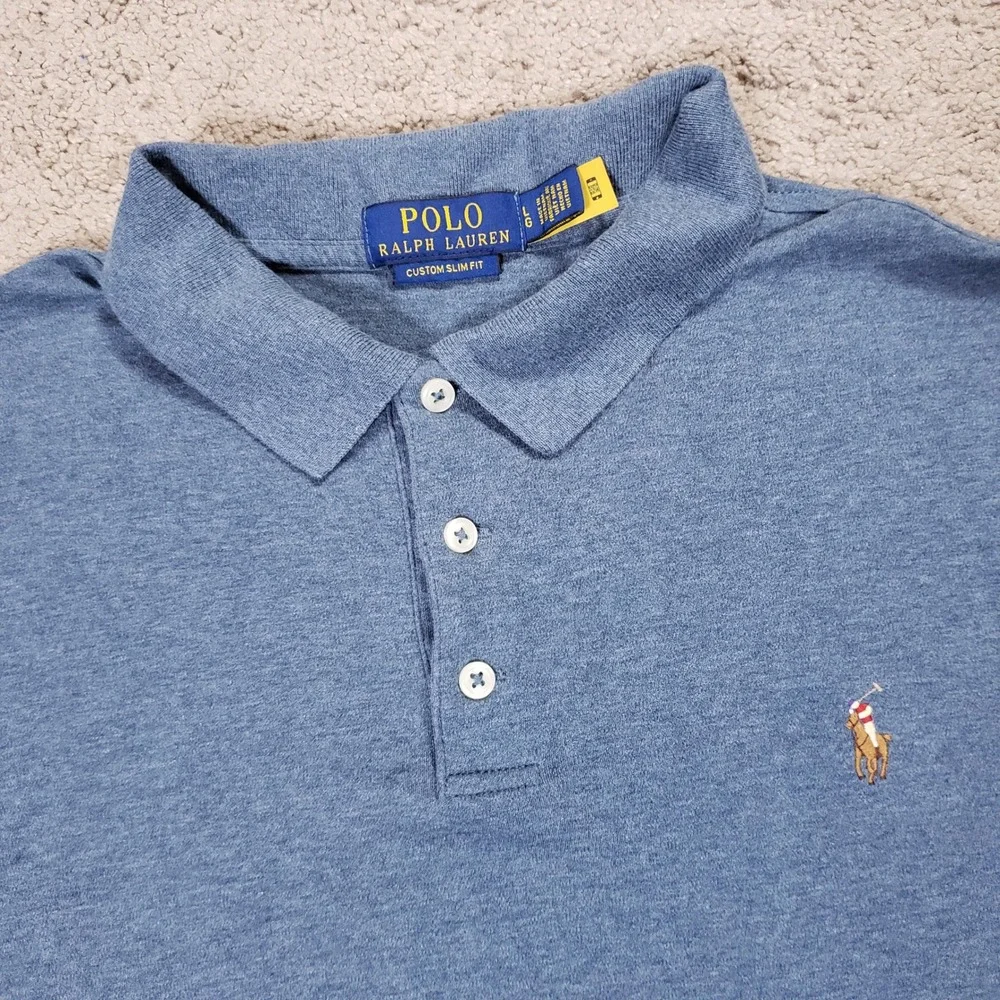 Ralph Lauren Mens Large Custom Slim Fit Polo Shirt Blue Heather Flesh Pony